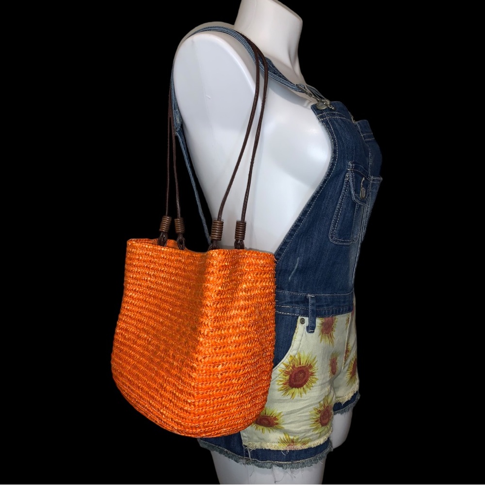 Wheat Straw Orange Bohemian Style Bucket Shoulder… - image 2